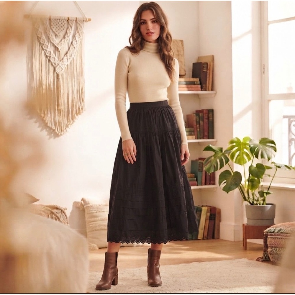 Philosophy Republic Clothing Midi Skirt Womens Small Black Eyelet Cotton Tiered